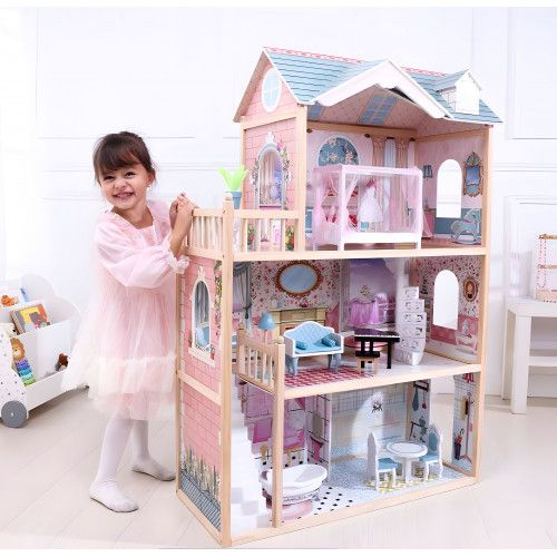 DOMEK DLA LALEK 3 POZIOMOWY ZESTAW 11 DREWNIANYCH MEBELKÓW na Arena.pl