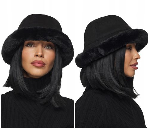 CZAPKA DAMSKA zimowa ciepła z futrem futrzana eko zamsz bucket czarna na Arena.pl