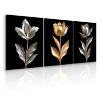 Obrazy Do Sypialni Set Złote Srebrne Kwiaty Natura Styl Glamour 90cm x 40cm