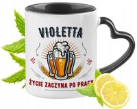 Dla Violety Kubek Czarny Z Uszkiem W Kształcie Serca Na Prezent Z Nadrukiem