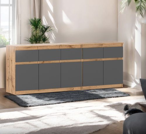 Komoda Skandynawska 200cm 5 Szuflad Pojemna Szafka Dąb Wotan Szara Mat na Arena.pl