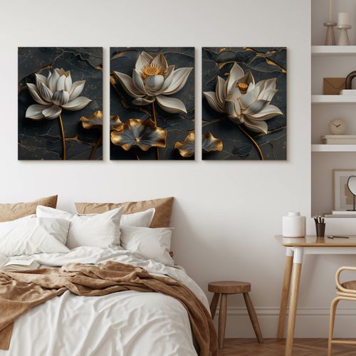 Obrazy Do Salonu Set Abstrakcyjne Białe Kwiaty Lotosu Glamour 90cm x 40cm na Arena.pl