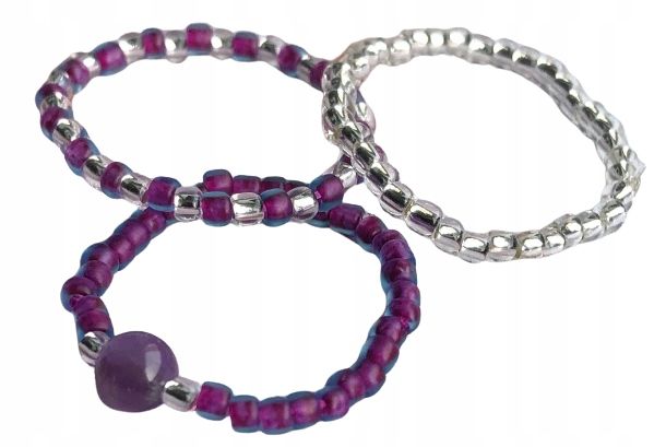 AMETYST PIERŚCIONKI Z KORALIKÓW ZESTAW 3 SZTUKI KORALIKI SREBRNE zdjęcie 5