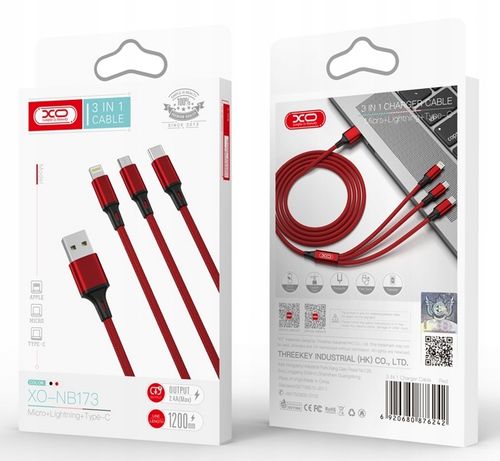 Kabel 3w1 USB Lightning + USB-C + microUSB (kolor różowy) na Arena.pl