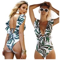 JEDNOCZĘŚCIOWY STRÓJ KĄPIELOWY MONOKINI LIŚCIE PRINT KOSTIUM NA  BASEN S