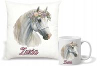 Zestaw prezentowy PODUSZKA + KUBEK nadruk biały koń Z IMIENIEM NA PREZENT