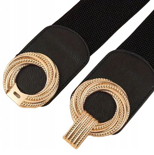 PASEK DAMSKI CZARNA GUMA ELASTYCZNY 90-110 cm ZŁOTA KLAMRA ELEGANCKI na Arena.pl