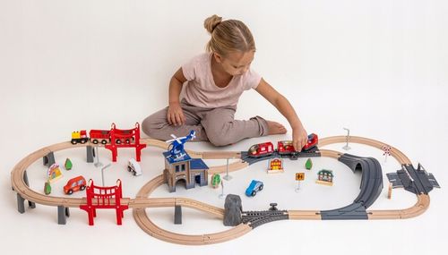 Drewniana Kolejka Elektryczna POCIĄG NA BATERIE x2 WAGONY TUNEL TOR Dźwięk na Arena.pl