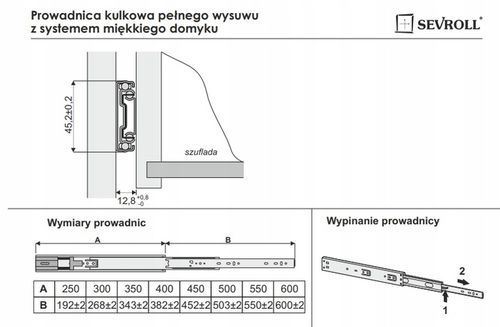 Prowadnica kulkowa Sevroll 450 Pełny Wysuw l-450 h45 Miękki Cichy na Arena.pl