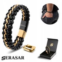 SERASAR, Męska Skórzana Bransoletka [Steel] Złoto/Czarne, 23cm