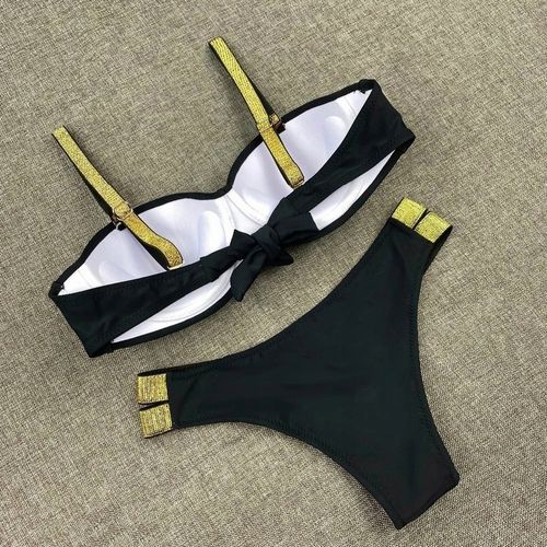 STRÓJ KĄPIELOWY CZARNY ZŁOTE PASY PUSH UP M 38 na Arena.pl