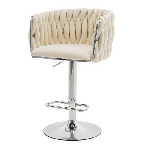 Hoker Z Plecionym Oparciem Welur ROSA Beżowy/Chrom Krzesło Do Wyspy na Arena.pl