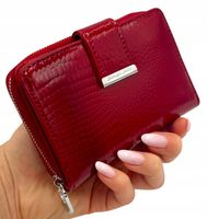 PORTFEL Damski Skórzany Mały CZERWONY Lakierowany SKÓRA Portmonetka PREZENT