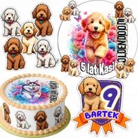 ZESTAW OPŁATEK NA TORT 20CM + 16 POSTACI - PSY Goldendoodle +IMIĘ 15CM 18CM