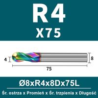 Frez kulowy, kula 2-ostrzowy VHM powłoka DLC Rozmiar: Ø8.0xR4x8Dx75L
