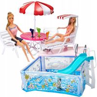 BASEN 1869 MEBELKI LEŻAKI+PARASOL domek dla lalek meble lalka duży sukienki