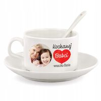 Filiżanka z nadrukiem personalizacji spodek i łyżeczka prezent dla babci