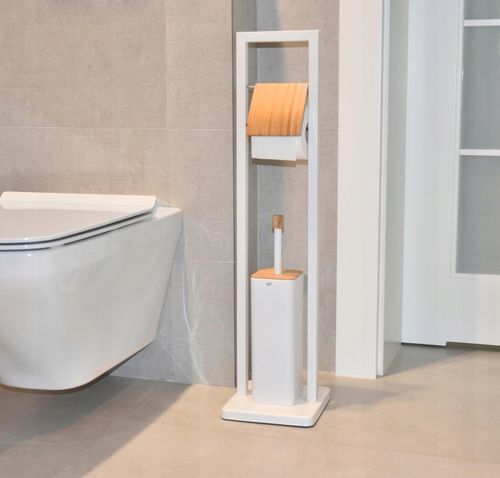 Stojak na papier toaletowy i szczotka DO ŁAZIENKI do WC biała bambus 2w1 na Arena.pl