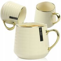 KUBEK PORCELANOWY DO KAWY HERBATY ZŁOTY BEŻOWY 570ML ZE ZŁOTYM UCHEM