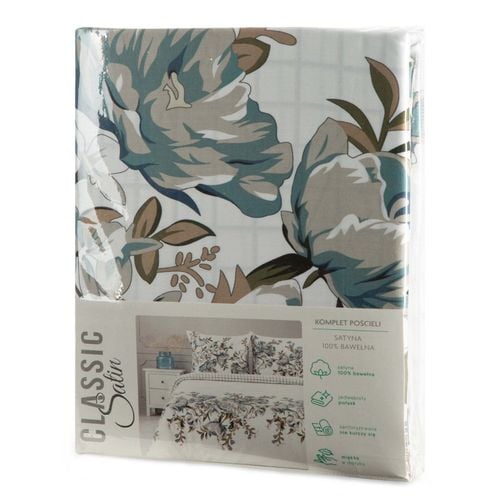 Pościel Spring  220x200 + 70x80 biała satyna kwiaty szaro-stalowe na Arena.pl