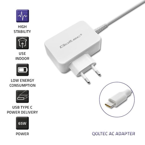 Qoltec Zasilacz sieciowy 65W 5-20.3V 2-3.25A USB typ C PD Biały zdjęcie 2