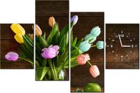 120CM 80CM ZEGAR 4 ELEM KOLOROWE TULIPANY OBRAZ ŚCIENNY