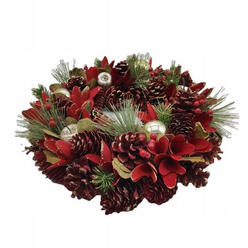 Ręcznie robiony wieniec 34 cm czerwono-złoty stroik świąteczny z szyszek na Arena.pl