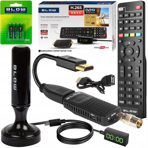 DEKODER TUNER TV DVB-T2 HEVC H.265 FULL HD MINI PILOT ANTENA 4x BATERIA AAA zdjęcie 1