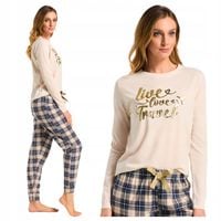 Piżama Damska Dwuczęściowa Długi Rękaw Ciepła W Kratę M Bessy Beżowa