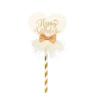 Topper na tort serce Happy Birthday, biało-złoty