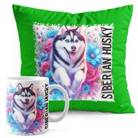 ZESTAW KUBEK + PODUSZKA ZIELONA - PIES PSY PIESEK RASA HUSKY SYBERYJSKI