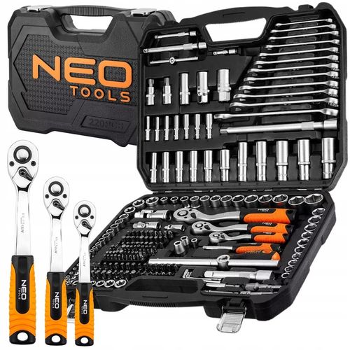 NEO TOOLS Zestaw Kluczy Nasadowych 220 el. 1/2" 3/8" 1/4" Walizka Stal CrV na Arena.pl