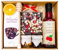 KOSZ PREZENTOWY PREZENT UPOMINEK HERBATA MIÓD CZEKOLADA SYROP