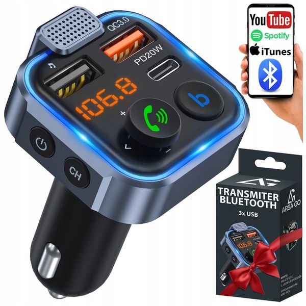 TRANSMITER BLUETOOTH SAMOCHODOWY FM USB 3.0A + 1.0A QC USB-C ŁADOWARKA zdjęcie 1