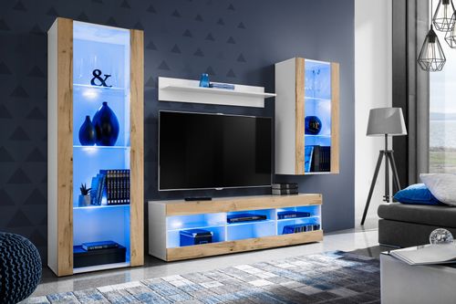 Meblościanka Biały/Dąb Wotan Bez LED Meble RTV –  Zestaw Mebli na Arena.pl