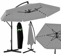 PARASOL OGRODOWY SKŁADANY 350cm Z FALBANĄ SZARY POKROWIEC ŚWIATŁO LED SOLAR