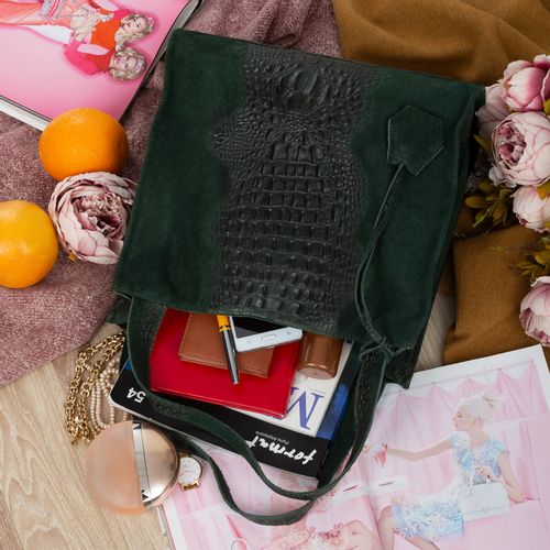 VERA PELLE torebka zamszowa shopper kroko na ramię V549 c.zielona na Arena.pl