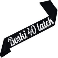 Boski 40 latek czarna szarfa ze srebrnym nadrukiem