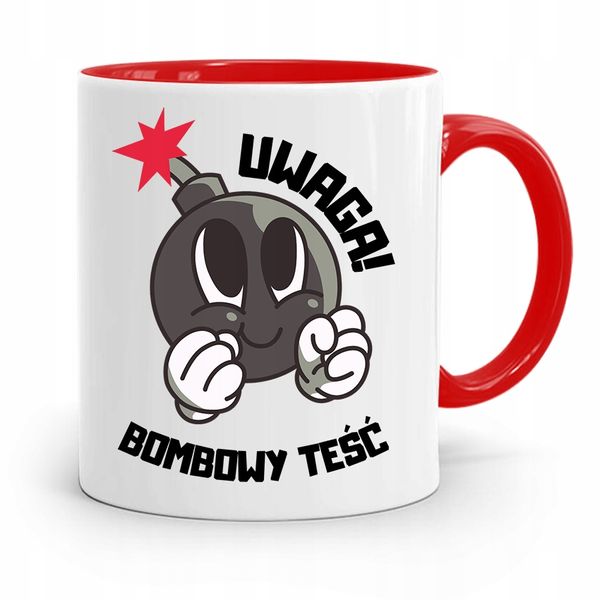 Kubek Czerwony Dla Teścia Taty Uwaga Bombowy Teść Z Nadrukiem Ze Zdjęciem zdjęcie 1