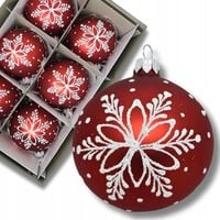 BOMBKI 6 SZT BIAŁE ŚNIEŻYNKI CZERWONE 80MM SZKLANE CHOINKOWE PIĘKNE