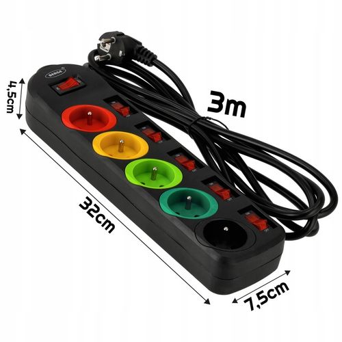 Przedłużacz Listwa Zasilająca Sieciowa 5 Gniazd 230V 3M kolorowy on/of na Arena.pl