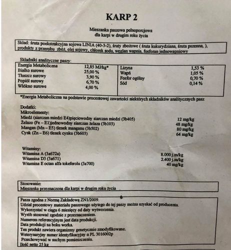 Karma dla ryb, pasza dla ryb 25% białka KARP 25kg na Arena.pl