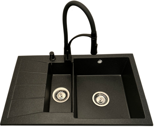 Zlewozmywak 1,5 komorowy z ociekaczem MILOS grafit z lewym ociekaczem + bateria NEXO + dozownik na Arena.pl