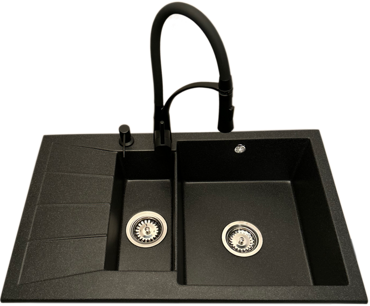 Zlewozmywak 1,5 komorowy z ociekaczem MILOS grafit z lewym ociekaczem + bateria NEXO + dozownik zdjęcie 1