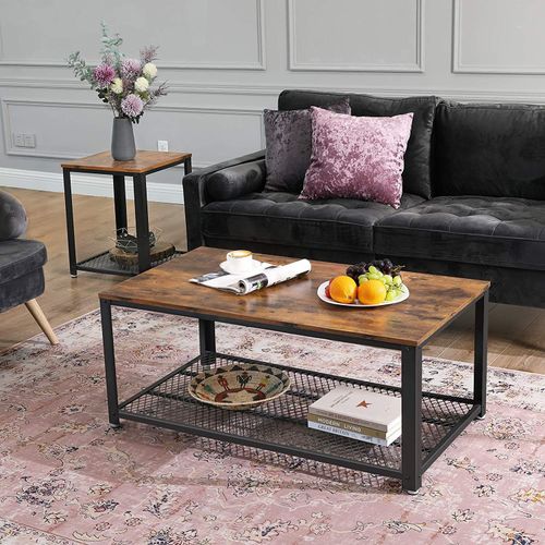 Stolik kawowy z półką 106x60 cm rustykalny brąz styl loft na Arena.pl