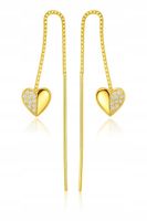 Złote kolczyki 925/585 Wiszące Łańcuszki Przeciągane Serca Złocone