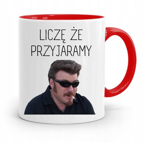 Kubek Czerwony Śmieszny Zabawny Przyjaramy Z Nadrukiem Ze Zdjęciem na Arena.pl