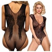 Body Damskie z Siateczki Koronkowe z Dziurką Obsessive XL/XXL Czarne