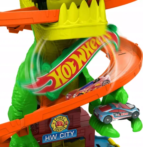 Zabawka dla dziecka - zakręcony tor z autem Hot Wheels City Remiza T-Rexa na Arena.pl