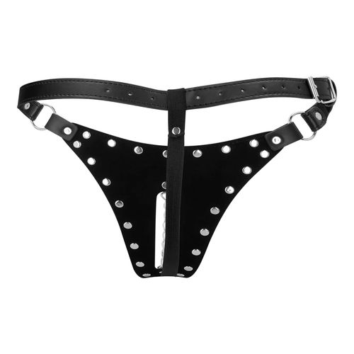 Pu Leather Chastity Thong With Chain Detail - Black na Arena.pl